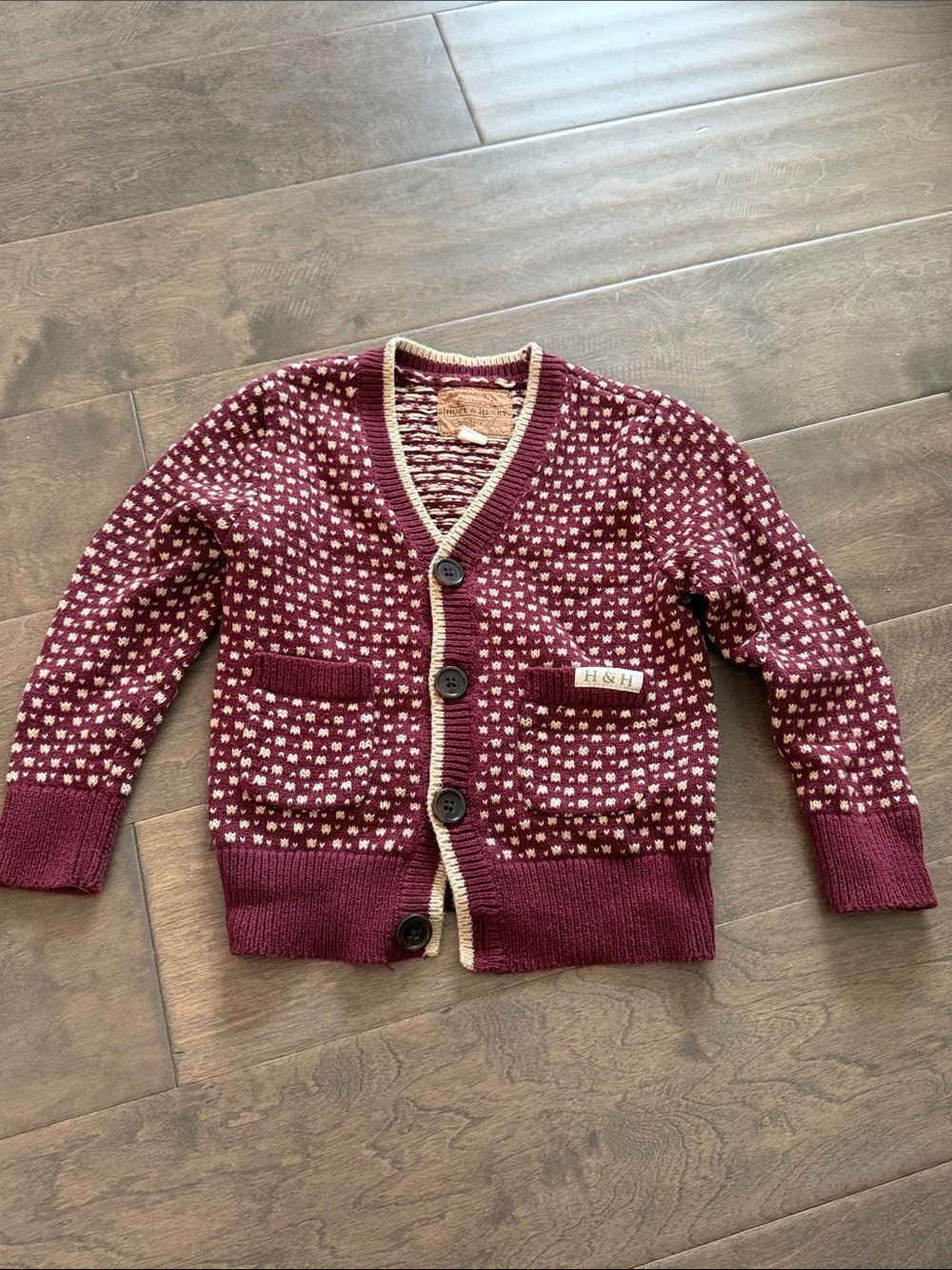 Hope & Henry Kids Burgundy and Cream Patterned Knit Cardigan